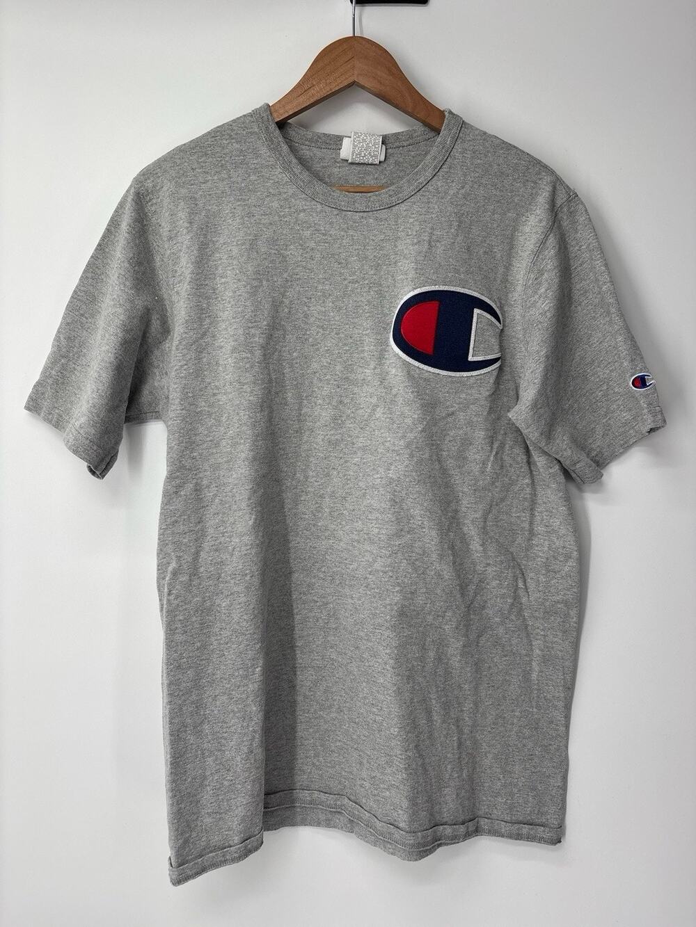 Vintage Champion T-Shirt Men's Large Gray Short Embroidered 90s